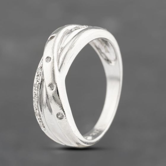 Second Hand 9ct White Gold 0.12ct Brilliant Cut Diamond Rubover And Pave Style Crossover Ring 41383580