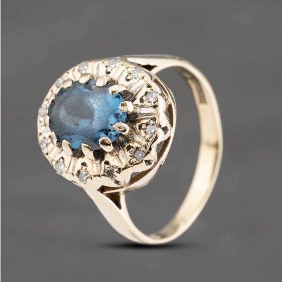 Second Hand 9ct Yellow Gold Blue Topaz & 0.12ct Diamond Large Oval Cluster Ring 41383590