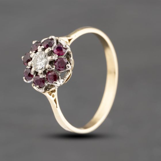 Second Hand Vintage Yellow Gold Ruby & 0.19ct Diamond Flower Dress Ring 41383592