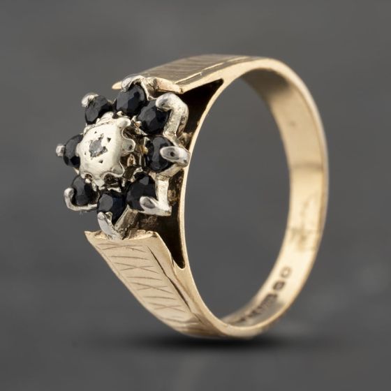 Second Hand Vintage 9ct Yellow Gold Sapphire & Diamond Flower Cluster Ring 41383629
