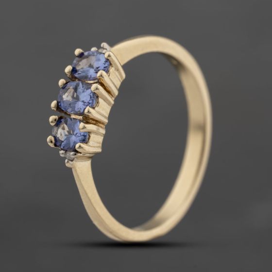 Second Hand 9ct Yellow Gold Tanzanite & Diamond Three Stone Ring 41383661
