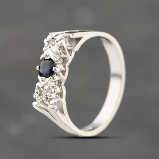 Second Hand 9ct White Gold Diamond & 0.03ct Brilliant Cut Sapphire Three Stone Ring 41383663