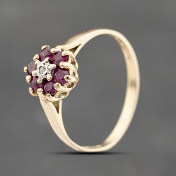 Second Hand 9ct Yellow Gold Ruby & 0.02ct Brilliant Cut Diamond Flower Cluster Ring 41383670