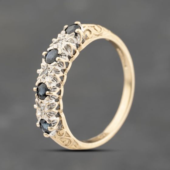 Second Hand 9ct Yellow Gold Sapphire & 0.02ct Brilliant Cut Diamond Half Eternity Ring 41383702