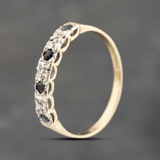 Second Hand 9ct Yellow Gold Sapphire & 0.02ct Brilliant Cut Diamond Half Eternity Ring 41383703