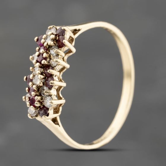 Second Hand 9ct Yellow Gold Ruby & 0.18ct Brilliant Cut Diamond Triple Cluster Ring 41383720