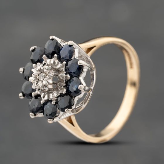 Second Hand 9ct Yellow Gold Sapphire & 0.10ct Brilliant Cut Diamond Flower Cluster Ring 41383764