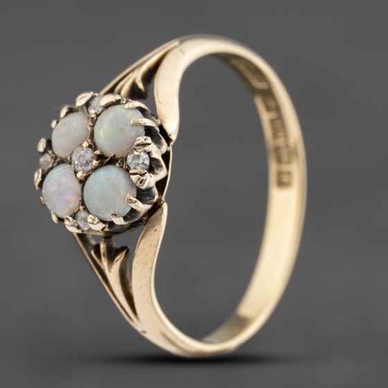 Second Hand Antique 18ct Yellow Gold Opal & Diamond Cluster Ring 41383781