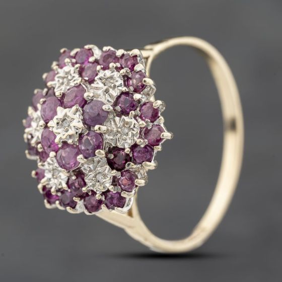 Second Hand 9ct Yellow Gold Ruby & Diamond Large Flower Cluster Ring 41383817