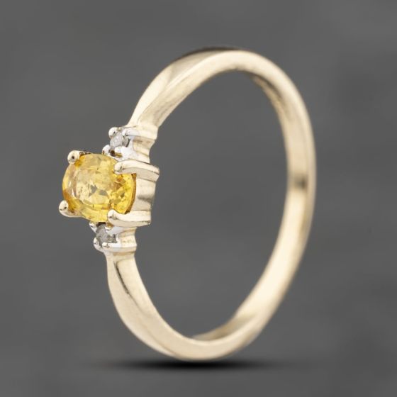 Second Hand 9ct Yellow Gold Yellow Sapphire & Diamond Oval Three Stone Ring 41383820