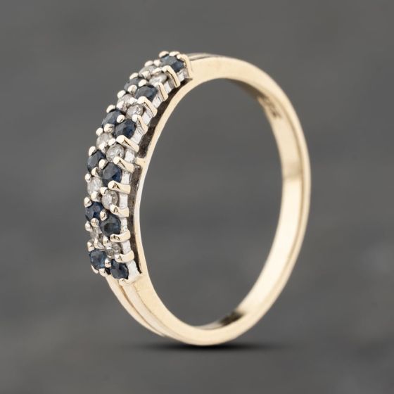Second Hand 9ct Yellow Gold Sapphire & 0.05ct Diamond 2 Row Half Eternity Ring 41383873
