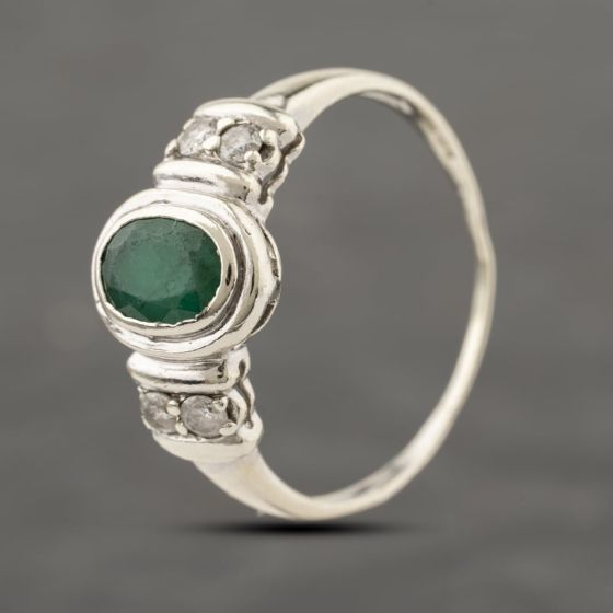 Second Hand 9ct White Gold Emerald & Diamond Dress Ring 41383898