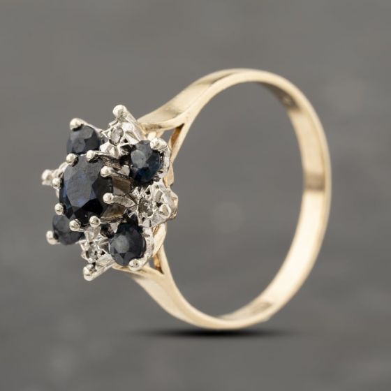 Second Hand 9ct Yellow Gold Sapphire & Diamond Flower Cluster Ring 41383901