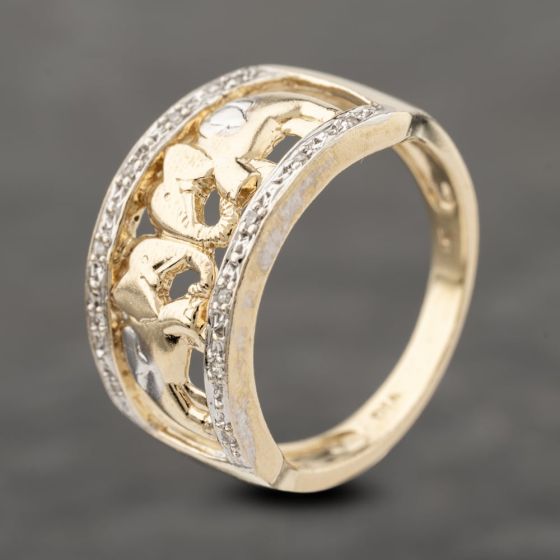 Second Hand 9ct Two Colour Gold Diamond Elephants Open Work Band Ring 41383910