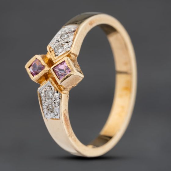 Second Hand 9ct Yellow Gold Pink Sapphire & 0.04ct Diamond Dress Ring 41383923