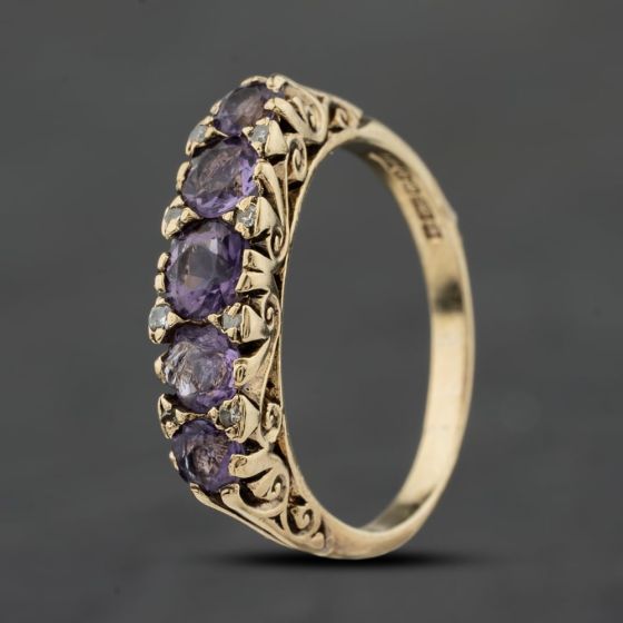 Second Hand 9ct Yellow Gold Amethyst & 0.05ct Diamond Half Eternity Ring 41384015