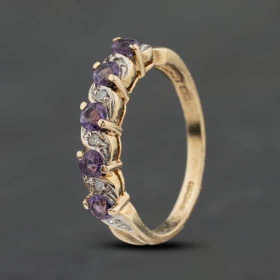 Second Hand 9ct Yellow Gold Amethyst & 0.05ct Diamond Half Eternity Ring 41384016