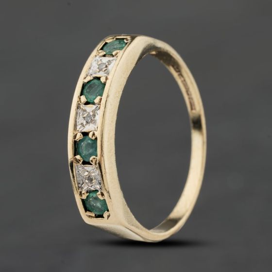 Second Hand 9ct Yellow Gold Emerald & 0.03ct Diamond Half Eternity Ring 41384017