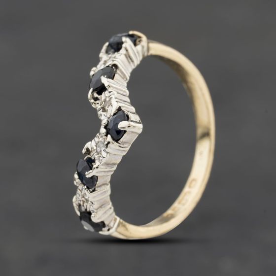 Second Hand 9ct Yellow Gold Sapphire & 0.04ct Diamond Wishbone Ring 41384060