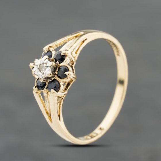 Second Hand 9ct Yellow Gold Sapphire & 0.01ct Diamond Flower Cluster Ring 41384111