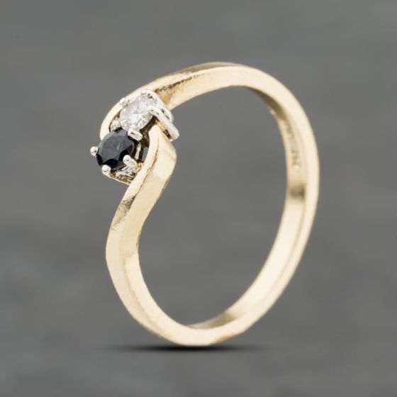 Second Hand 9ct Yellow Gold Sapphire & 0.05ct Brilliant Cut Diamond Twist Two Stone Ring 41384112
