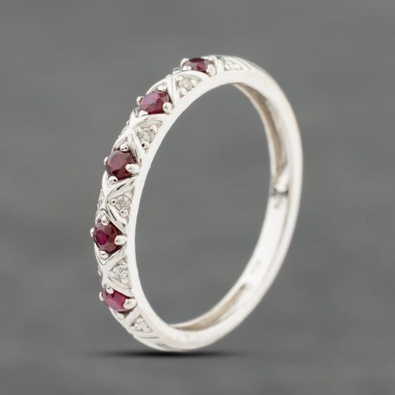 Second Hand 9ct White Gold Ruby & 0.04ct Brilliant Cut Diamond Half Eternity Ring 41384129