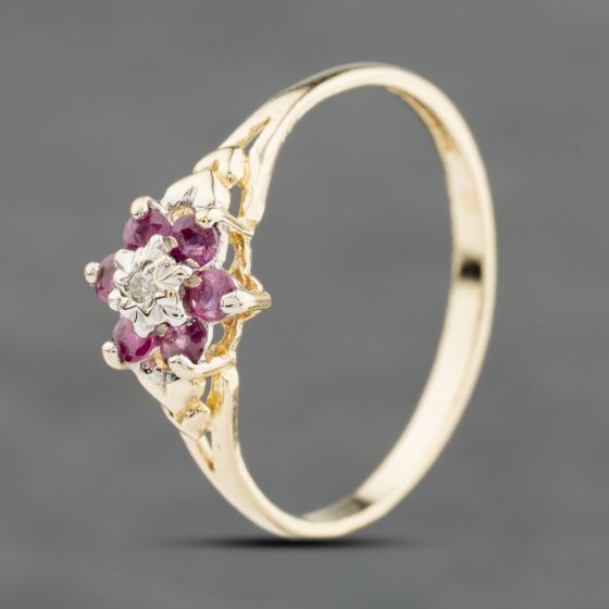 Second Hand 9ct Yellow Gold Ruby & 0.01ct Diamond Flower Cluster Ring 41384130