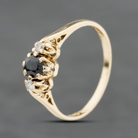 Second Hand 9ct Yellow Gold Sapphire & 0.06ct Diamond Three Stone Ring 41384137