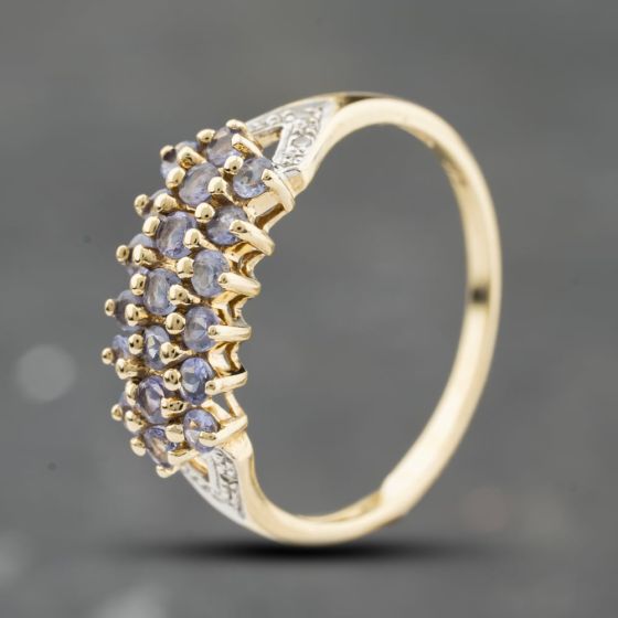 Second Hand 9ct Yellow Gold Tanzanite & 0.03ct Brilliant Cut Diamond Three Row Ring 41384163