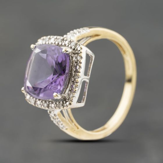 Second Hand 9ct Yellow Gold Amethyst & 0.07ct Brilliant Cut Diamond Cushion Cluster Ring 41384219