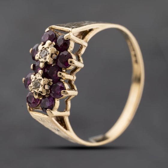 Second Hand 9ct Yellow Gold Ruby & Diamond Double Cluster Ring 41384266