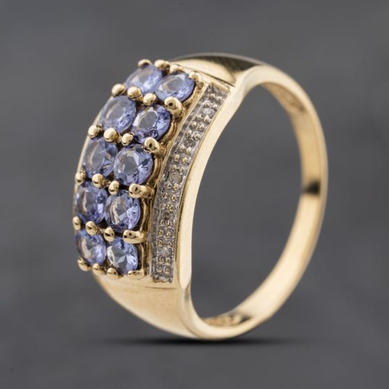 Second Hand 9ct Yellow Gold Tanzanite & Diamond Four Row Dress Ring 41384267