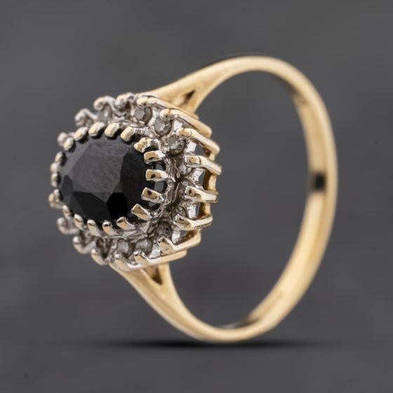 Second Hand 9ct Yellow Gold Sapphire & Diamond Oval Cluster Ring 41384272