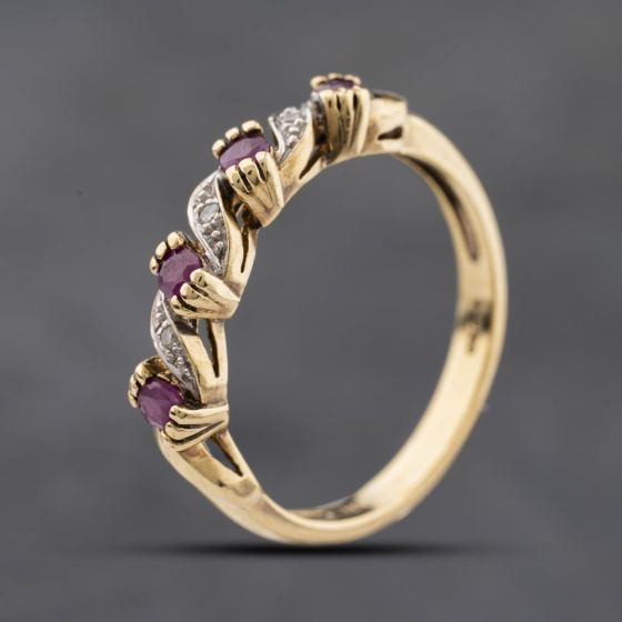 Second Hand 9ct Yellow Gold Ruby & Diamond Swirl Half Eternity Ring 41384281