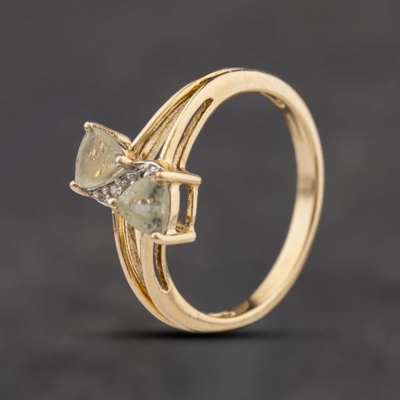 Second Hand 9ct Yellow Gold Pale Green Tourmaline & 0.01ct Diamond Two Stone Dress Ring 41384339