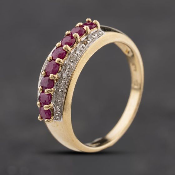 Second Hand 9ct Yellow Gold Ruby & Diamond Three Row Half Eternity Ring 41384341