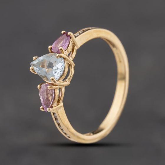 Second Hand 9ct Yellow Gold Aquamarine, Pink Sapphire & 0.06ct Diamond Shoulders Ring 41384347