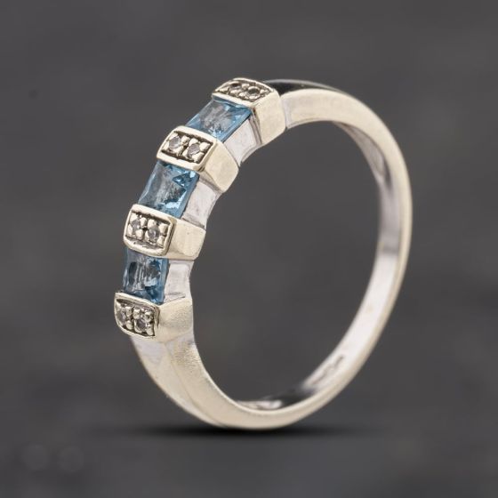 Second Hand 9ct White Gold Blue Topaz & Diamond Square Cut Half Eternity Ring 41384351