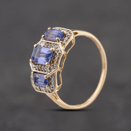 Second Hand 9ct Yellow Gold Tanzanite & 0.04ct Diamond Triple Cluster Ring 41384363