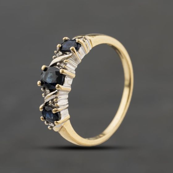 Second Hand 9ct Yellow Gold Blue Topaz & 0.06ct Diamond Half Eternity Ring 41384394