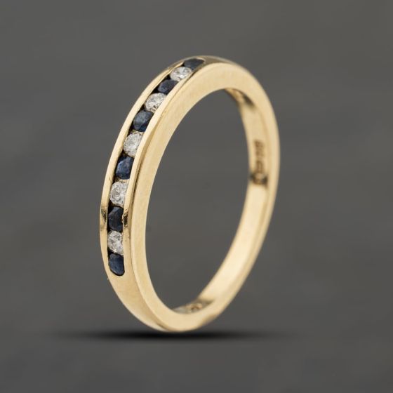 Second Hand 9ct Yellow Gold Sapphire & 0.10ct Brilliant Cut Diamond Half Eternity Ring 41384396