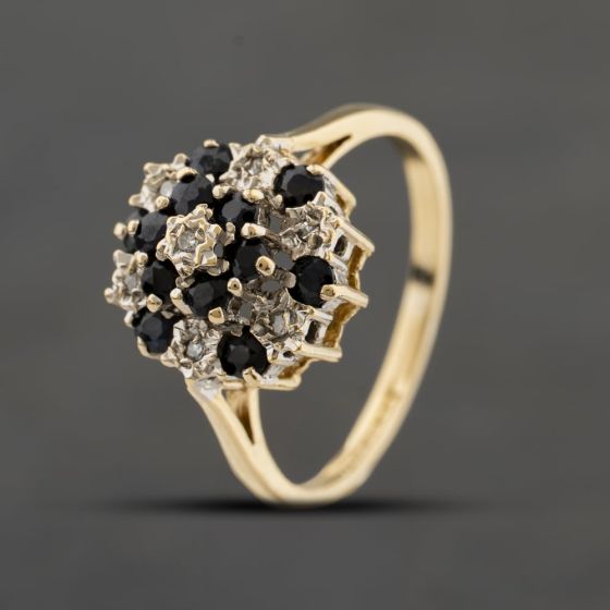 Second Hand 9ct Yellow Gold Sapphire & 0.05ct Diamond Cluster Ring 41384401
