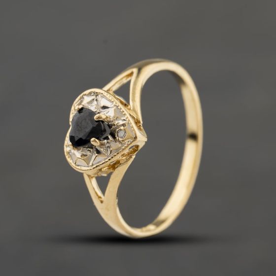 Second Hand 9ct Yellow Gold Sapphire & 0.01ct Diamond Heart Cluster Ring 41384403