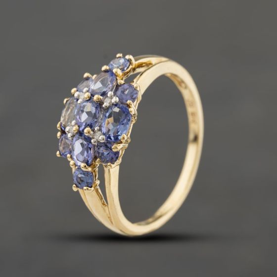 Second Hand 9ct Yellow Gold Tanzanite & 0.04ct Brilliant Cut Diamond Cluster Ring 41384408