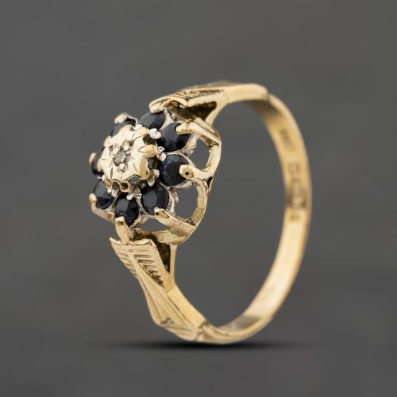 Second Hand 9ct Yellow Gold Sapphire & 0.01ct Diamond Round Cluster Ring 41384504