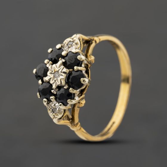 Second Hand 9ct Yellow Gold Sapphire & 0.02ct Diamond Boat Shaped Cluster Ring 41384507