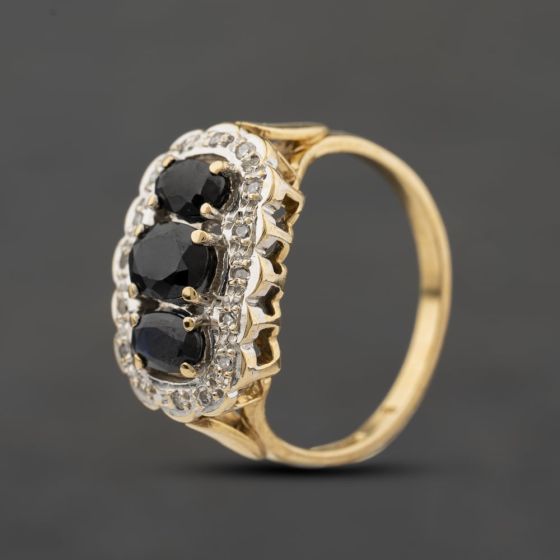Second Hand 9ct Yellow Gold Sapphire & 0.12ct Diamond Scallop Shaped Cluster Ring 41384510