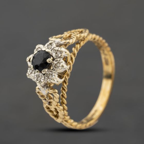 Second Hand 9ct Yellow Gold Sapphire & 0.04ct Diamond Flower Heart Shoulders Cluster Ring 41384511