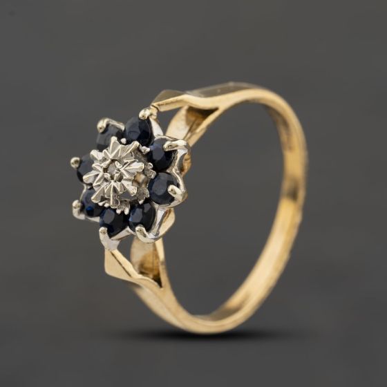 Second Hand 9ct Yellow Gold Sapphire & 0.01ct Diamond Flower Cluster Ring 41384512
