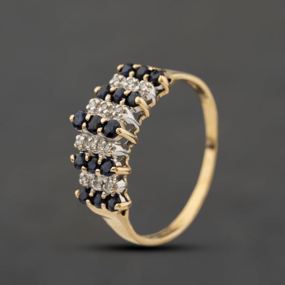 Second Hand 9ct Yellow Gold Sapphire & 0.06ct Diamond Tiered Three Row Ring 41384513